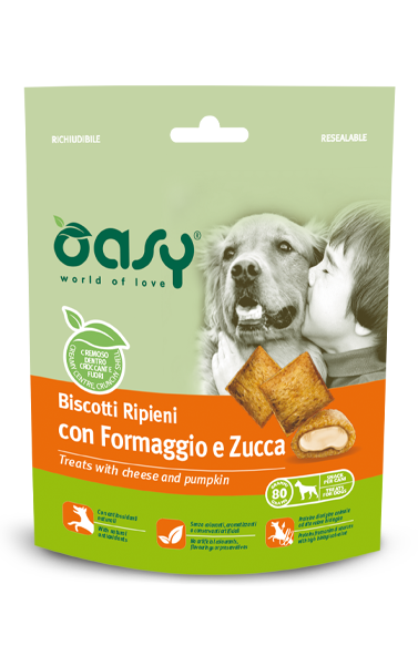 Oasy Biscotti Ripieni con Formaggio e Zucca - Snack per Cani Oasy Biscotti Ripieni con Formaggio e Zucca - Snack per Cani